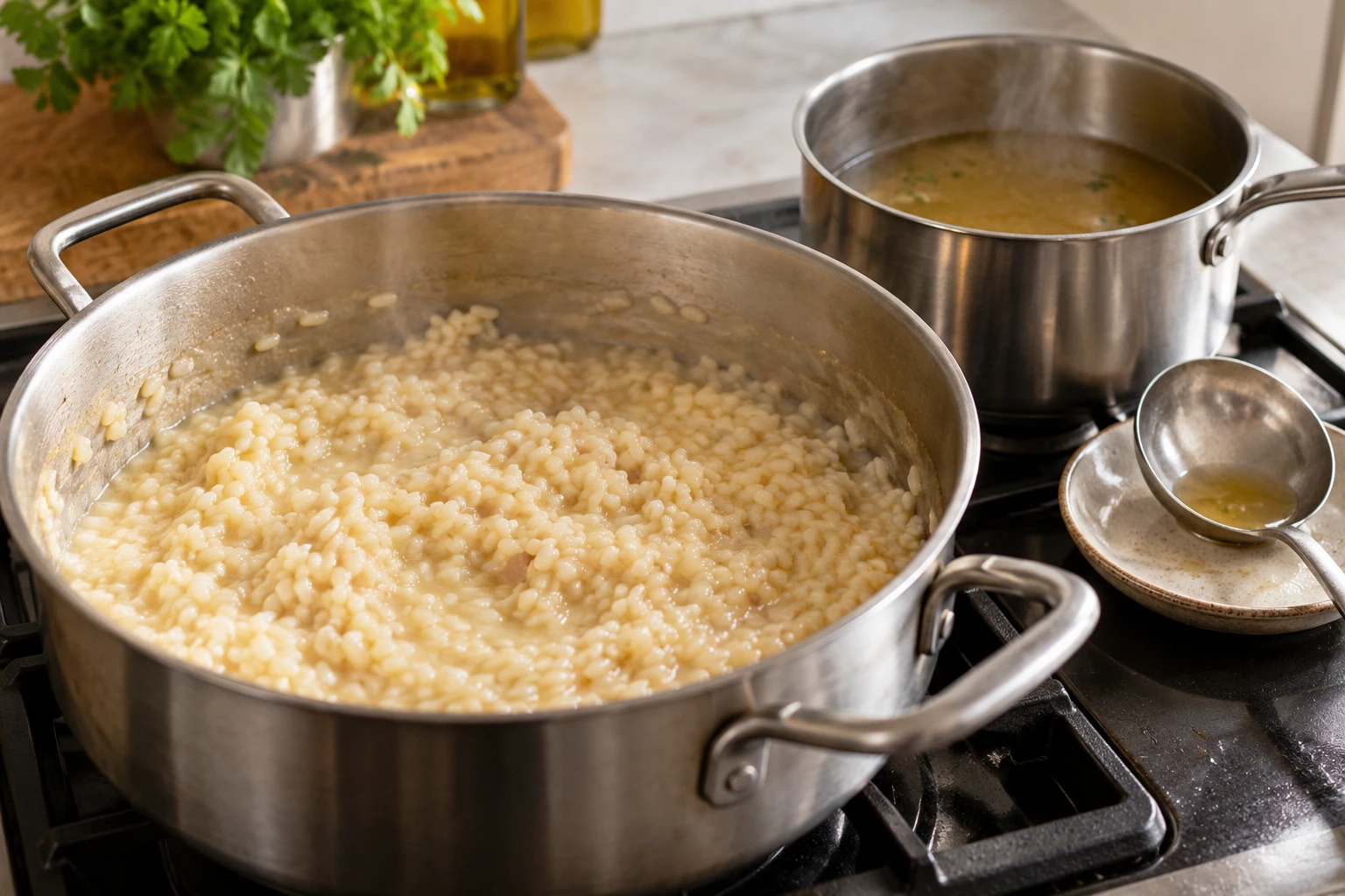 Cremiges Risotto steht neben einem zweiten Topf mit Brühe und einer Kelle. KI-generierte Illustration.