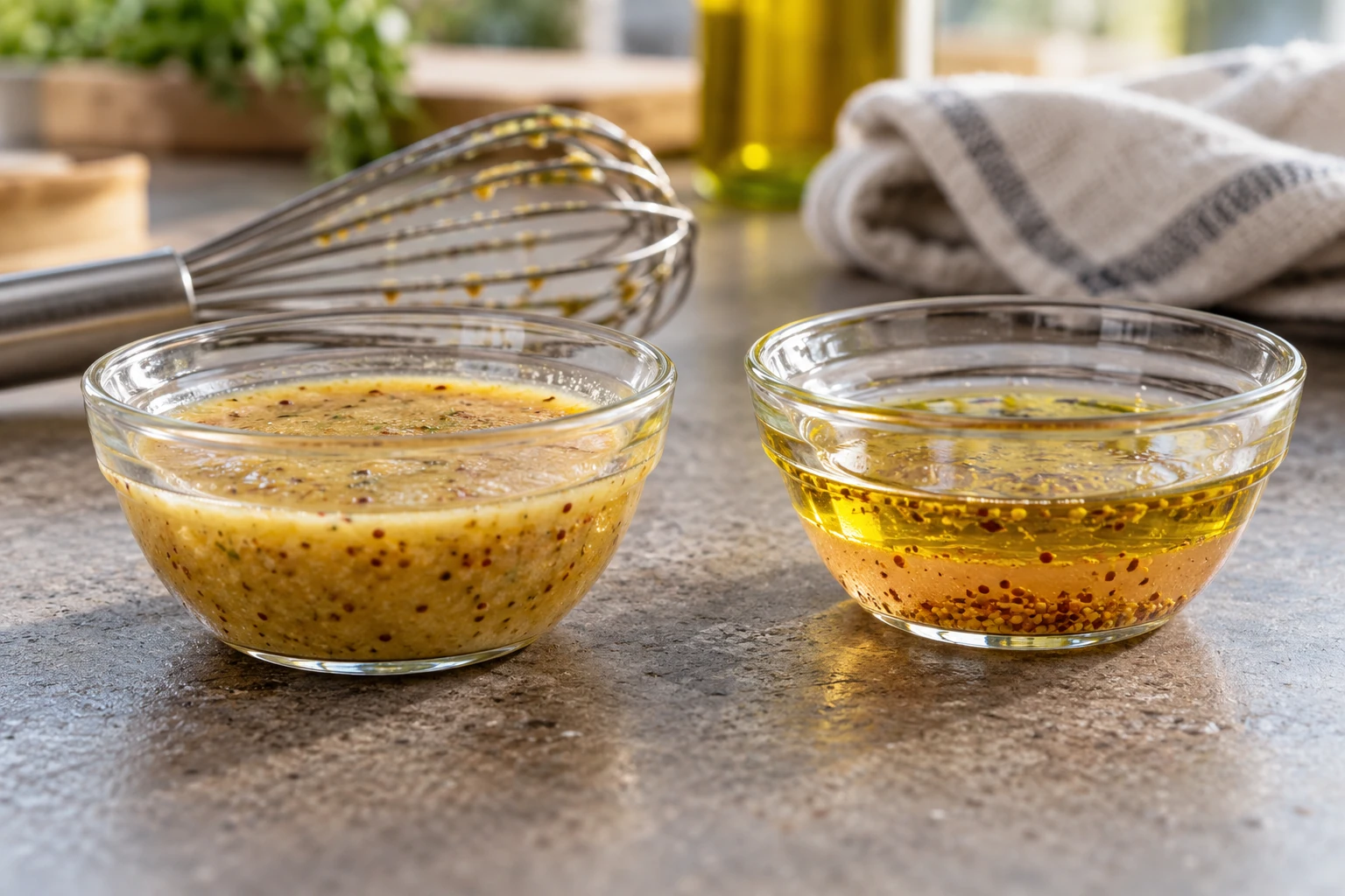 Eine gleichmäßig verrührte Vinaigrette steht neben einer Probe mit sichtbarer Ölschicht. KI-generierte Illustration.