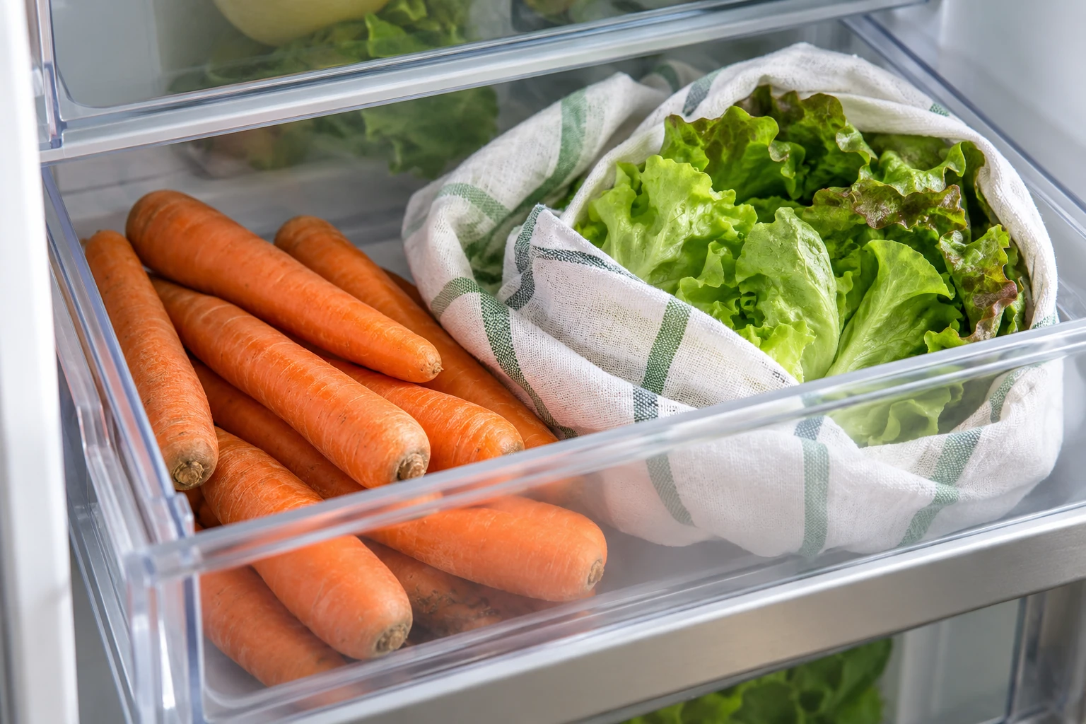 Möhren ohne Blattgrün und locker in ein Tuch gelegter Salat im Gemüsefach. KI-generierte Illustration.