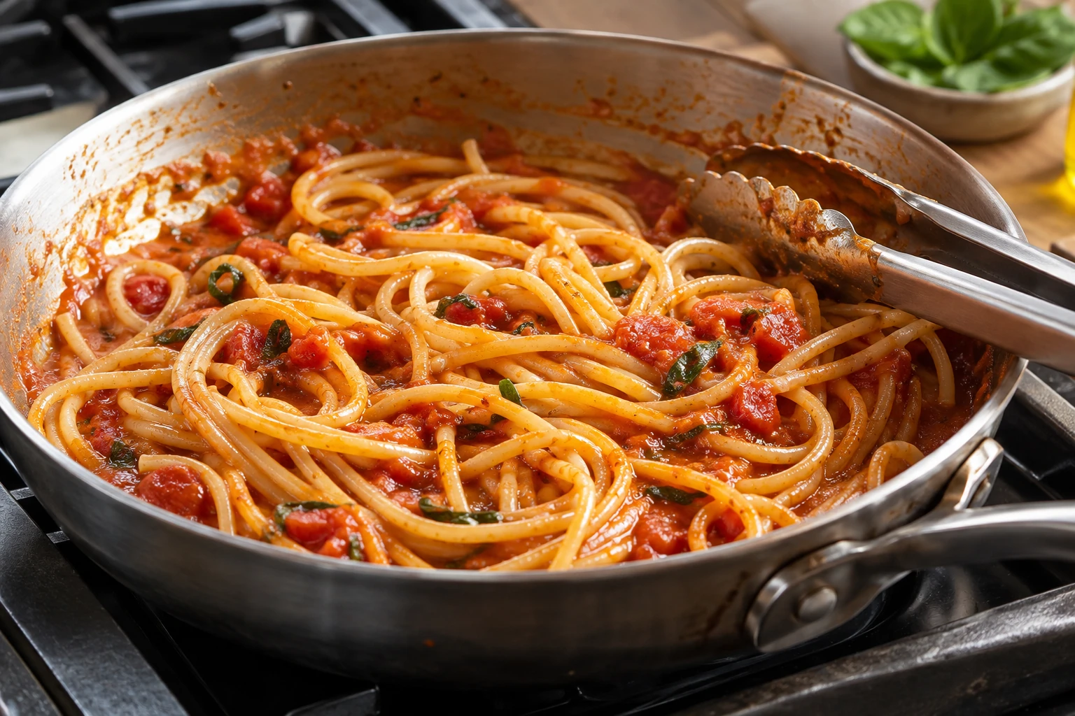 Pasta mit einem dünnen Tomatensaucenüberzug wird in einer flachen Pfanne vollendet. KI-generierte Illustration.