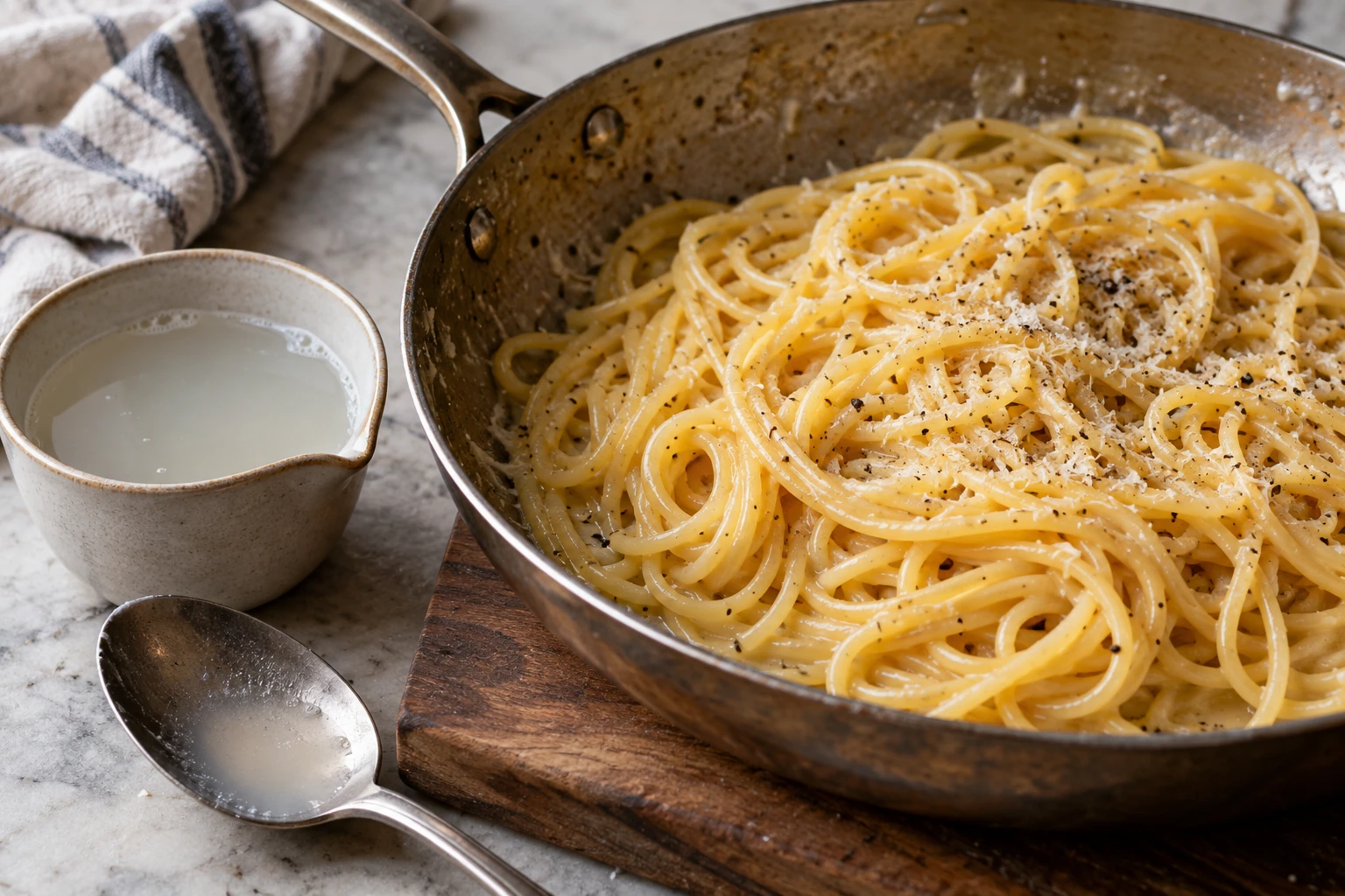 Pasta mit anhaftender Sauce neben einer Tasse aufgefangenem Nudelwasser. KI-generierte Illustration.
