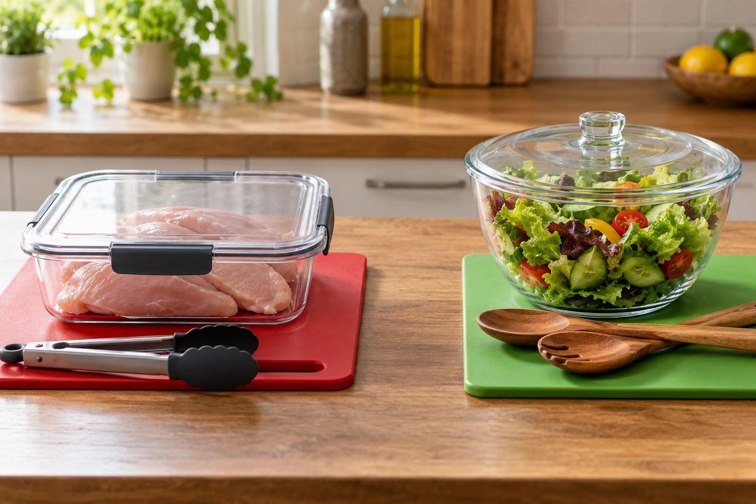 Rohes Geflügel und vorbereiteter Salat stehen auf klar getrennten Arbeitsbereichen mit eigenem Besteck. KI-generierte Illustration.