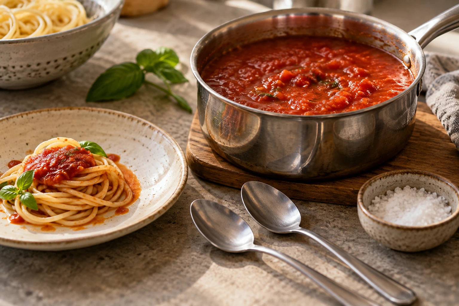 Tomatensauce, ein kleiner Probierteller mit Pasta und separate Löffel zum Abschmecken. KI-generierte Illustration.