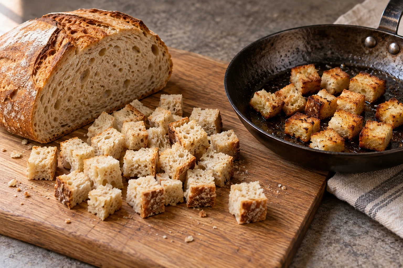 Trockenes einwandfreies Brot neben gleichmäßig geschnittenen und goldbraun gebratenen Croutons. KI-generierte Illustration.