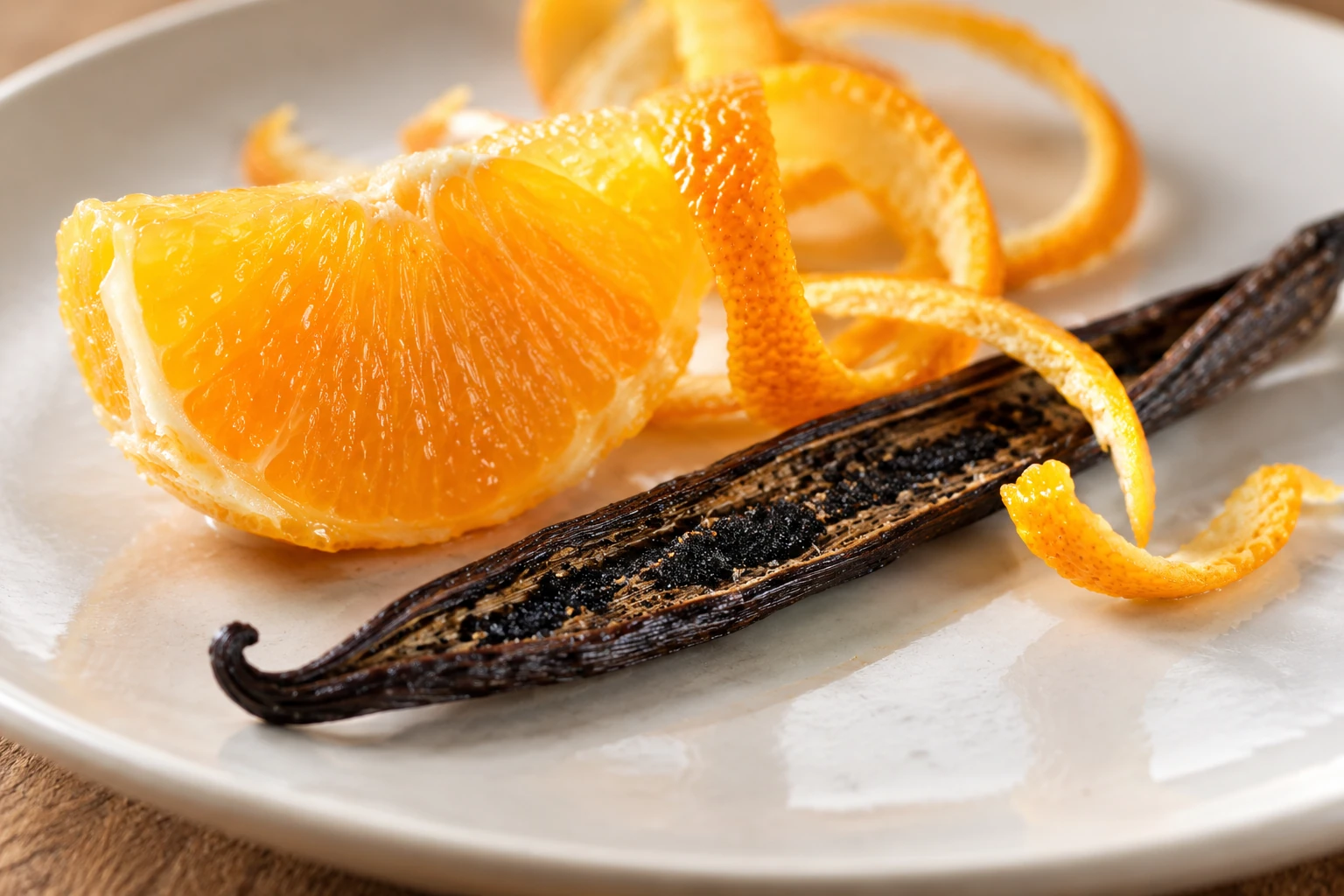 Orangenstück, feine Orangenschalenstreifen und geöffnete Vanilleschote als aromatische Zutaten. KI-generierte Illustration.