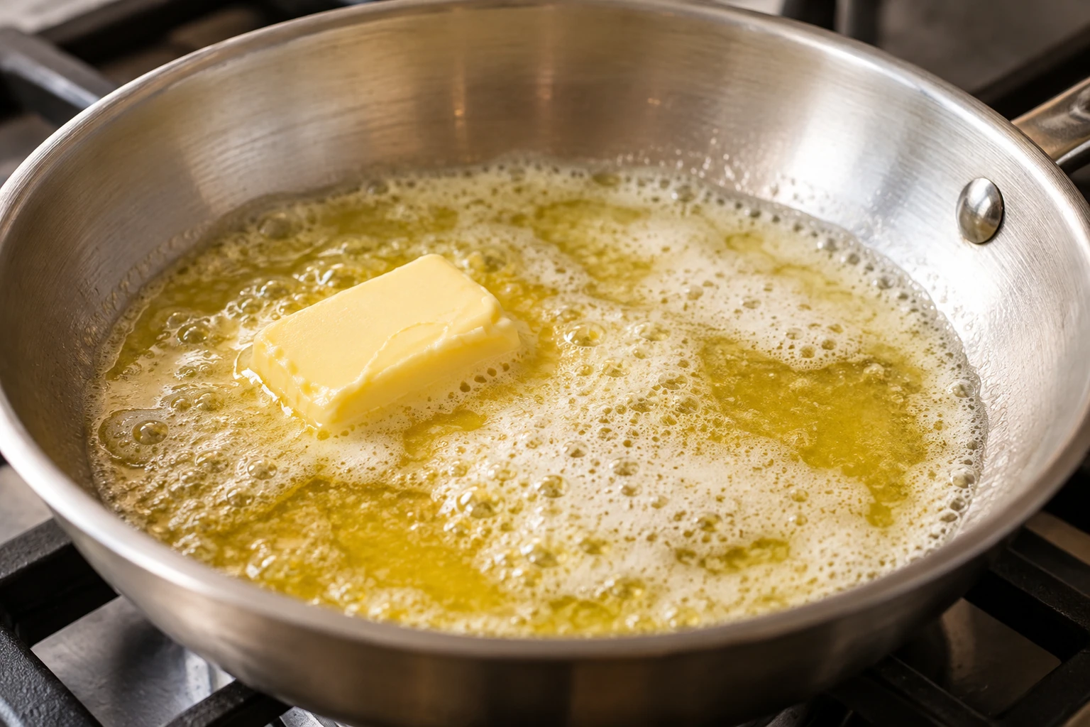 Butter schmilzt in einer hellen Pfanne und bildet feinen hellen Schaum. KI-generierte Illustration.