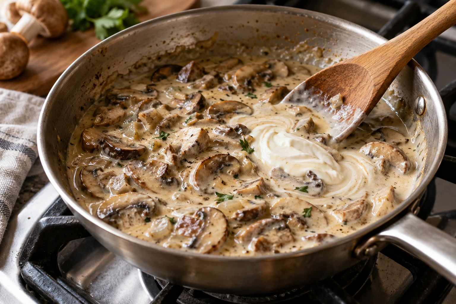 Crème fraîche wird in eine sanft erhitzte Pilzsauce eingerührt. KI-generierte Illustration.