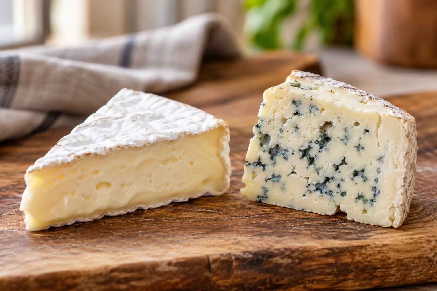 Ein Weißschimmelkäse mit dünner Rinde neben einem Blauschimmelkäse mit typischen Adern. KI-generierte Illustration.