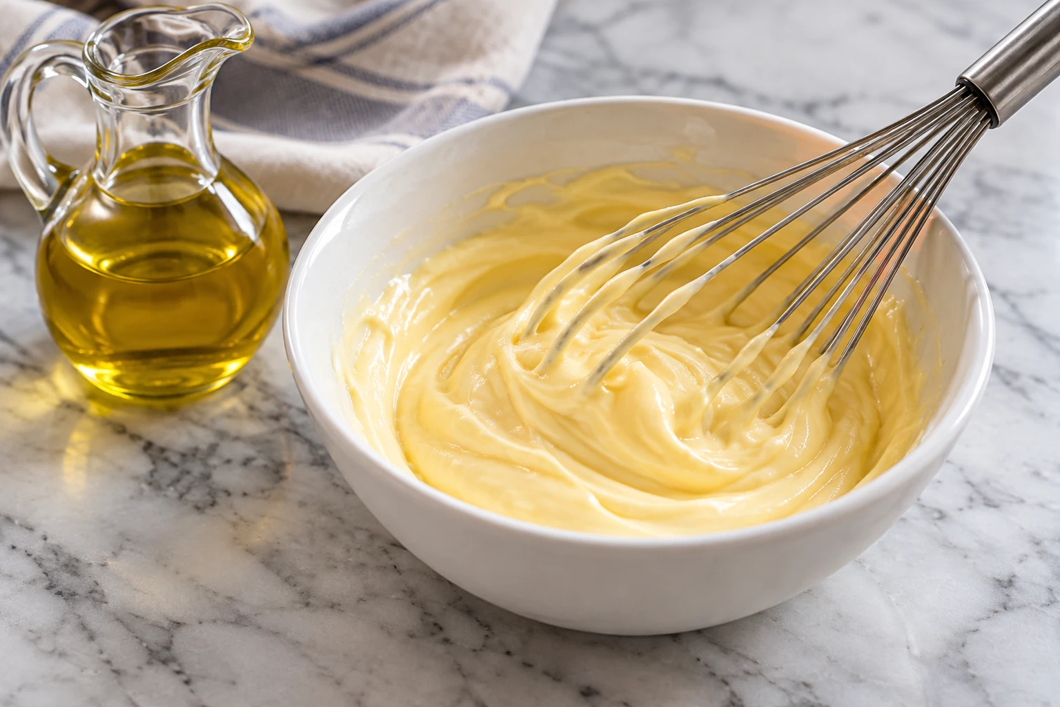 Hellgelbe Mayonnaise in einer kleinen Schüssel mit Schneebesen und Ölkanne. KI-generierte Illustration.
