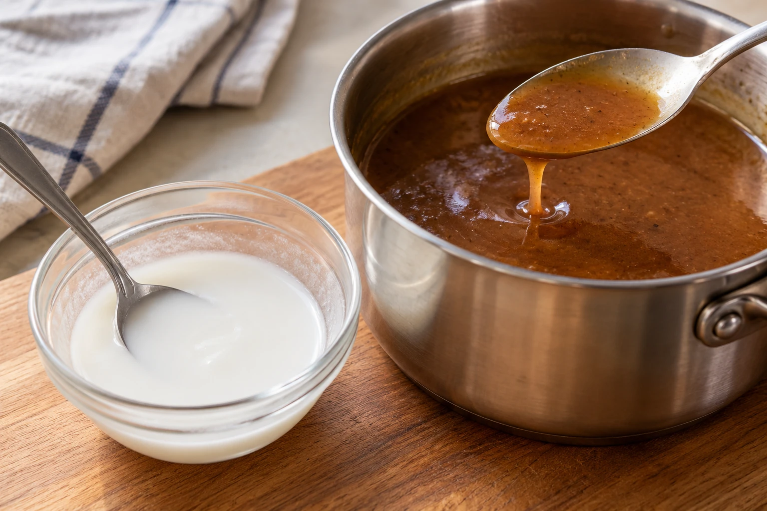 Glatt kalt angerührte Stärke neben einer kleinen Kasserolle gebundener Sauce. KI-generierte Illustration.