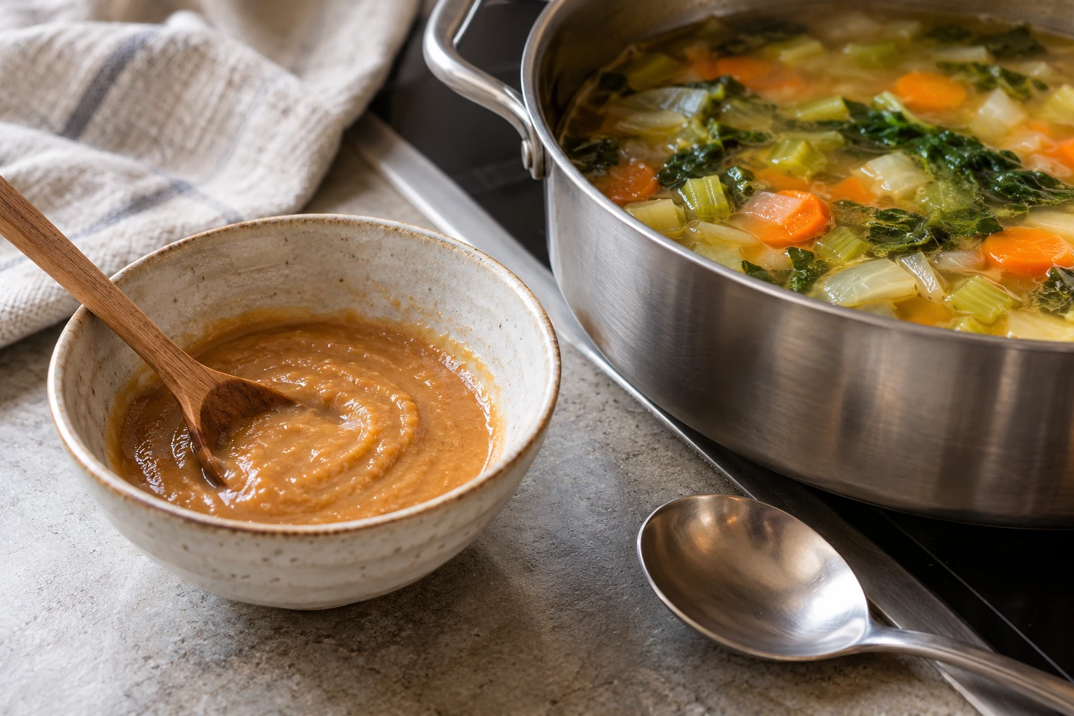 Mit etwas Brühe glattgerührtes Miso neben einer fertig gegarten Gemüsesuppe. KI-generierte Illustration.