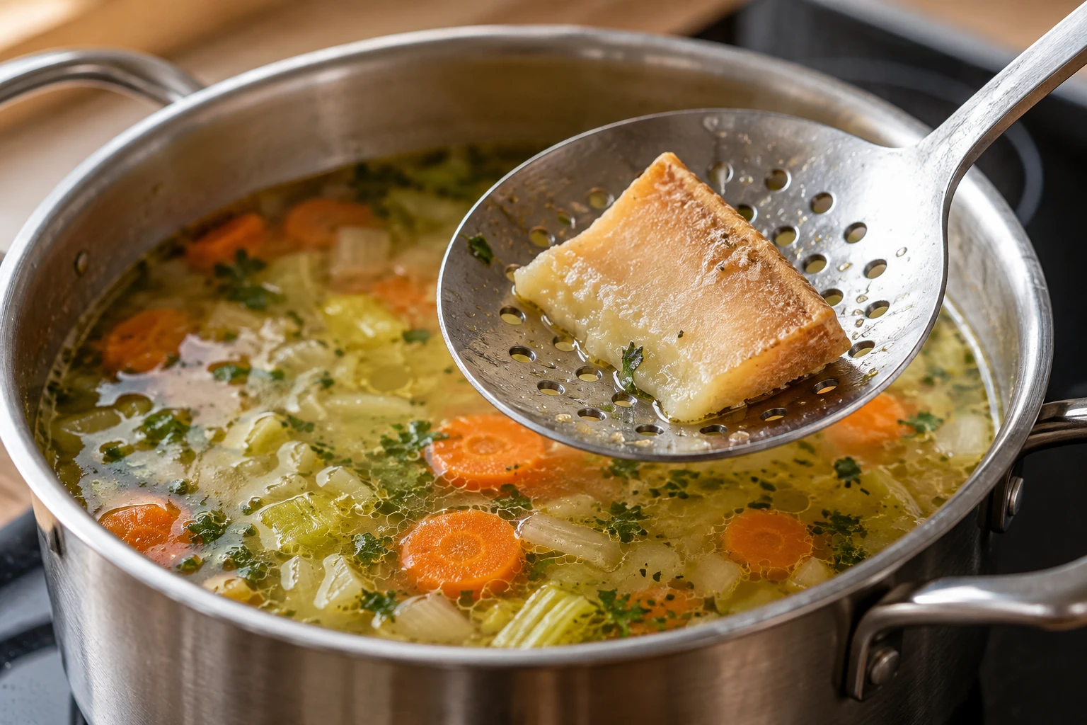 Ein Stück naturbelassene Hartkäserinde wird nach dem Mitkochen aus einer Gemüsesuppe genommen. KI-generierte Illustration.