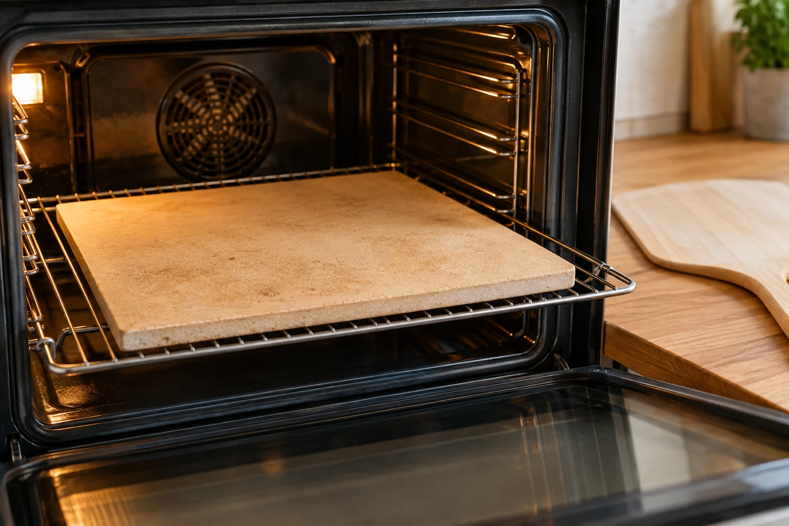 Trockener Pizzastein liegt sicher auf einem Rost im Backofen. KI-generierte Illustration.
