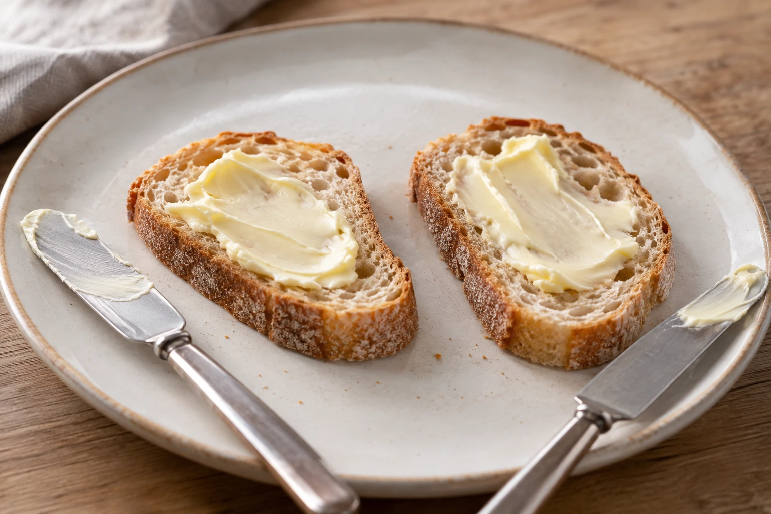 Zwei kleine Brotscheiben mit dünn aufgestrichener Butter zum vergleichenden Probieren. KI-generierte Illustration.