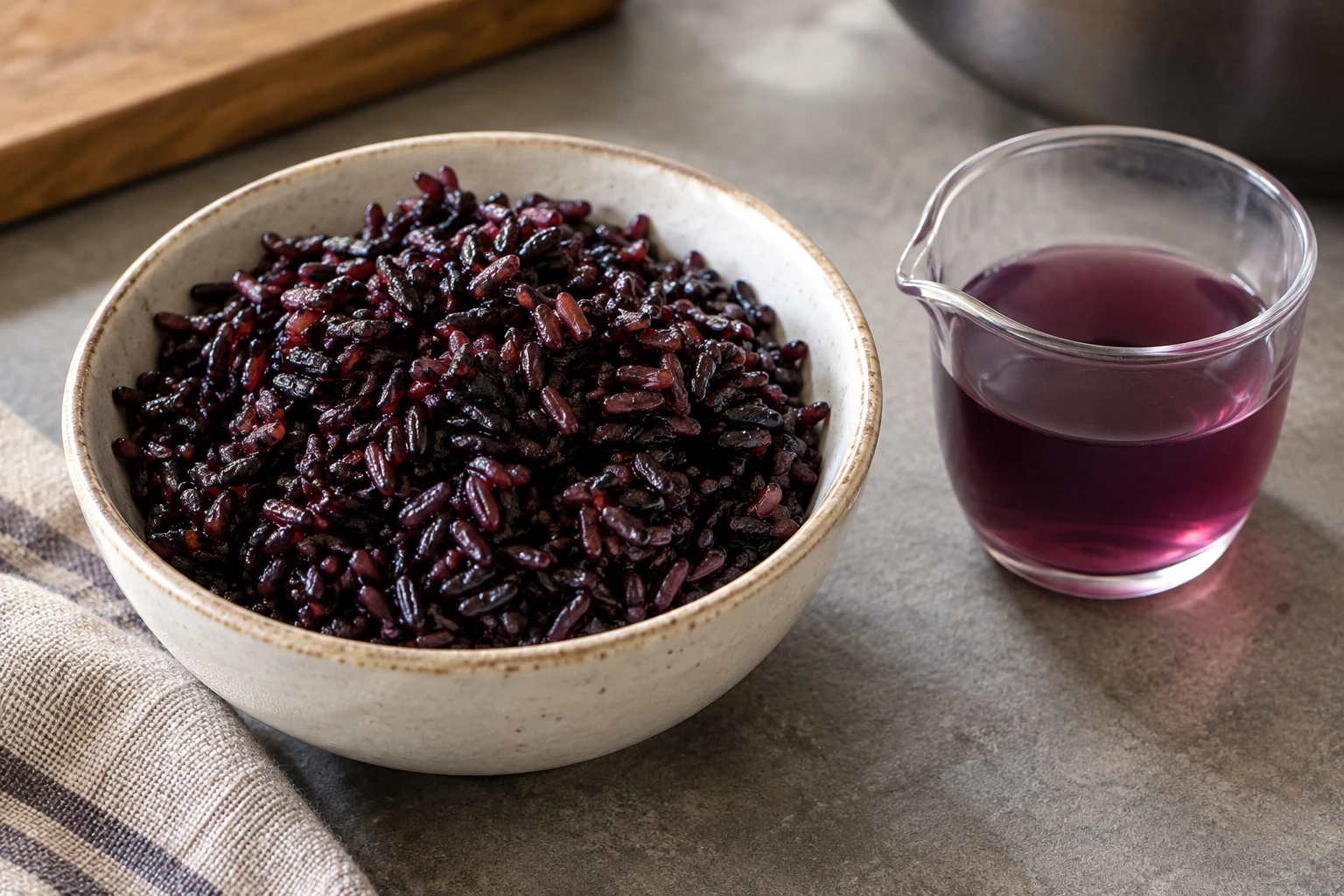 Gegarter schwarzer Reis neben einer kleinen Probe violett gefärbten Kochwassers. KI-generierte Illustration.