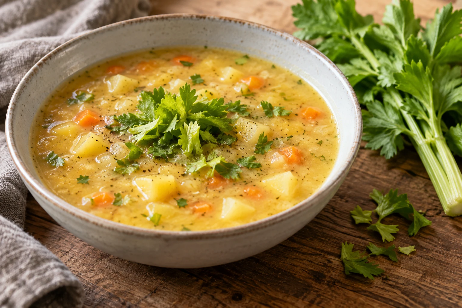 Kartoffelsuppe mit wenigen fein geschnittenen Sellerieblättern und einem Selleriestängel daneben. KI-generierte Illustration.