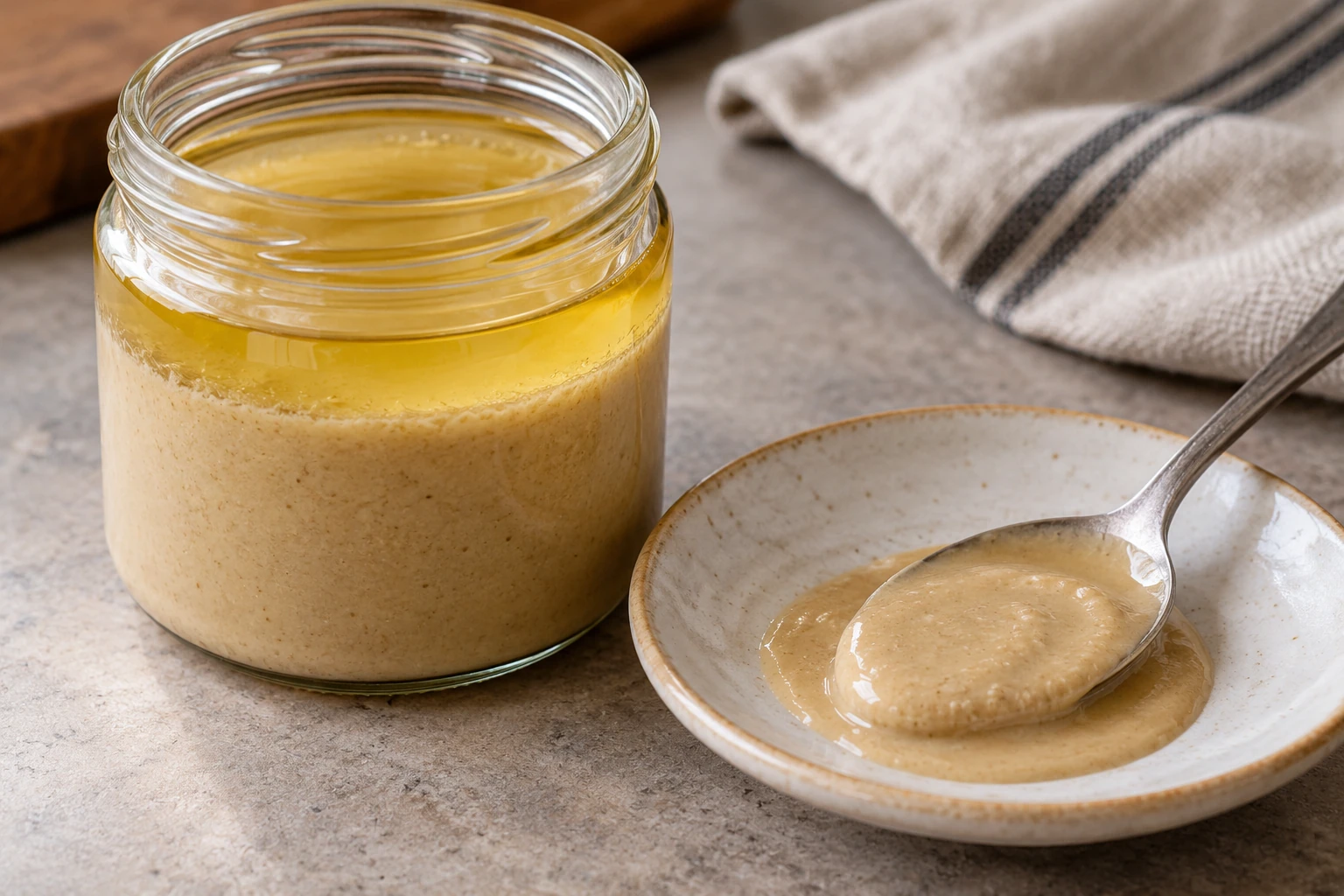 Tahini mit dünner abgesetzter Ölschicht neben einer kleinen aufgerührten Probe. KI-generierte Illustration.