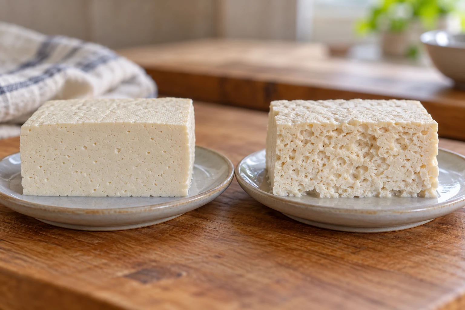 Zwei angeschnittene Stücke Naturtofu mit feiner und gröber poröser Struktur. KI-generierte Illustration.