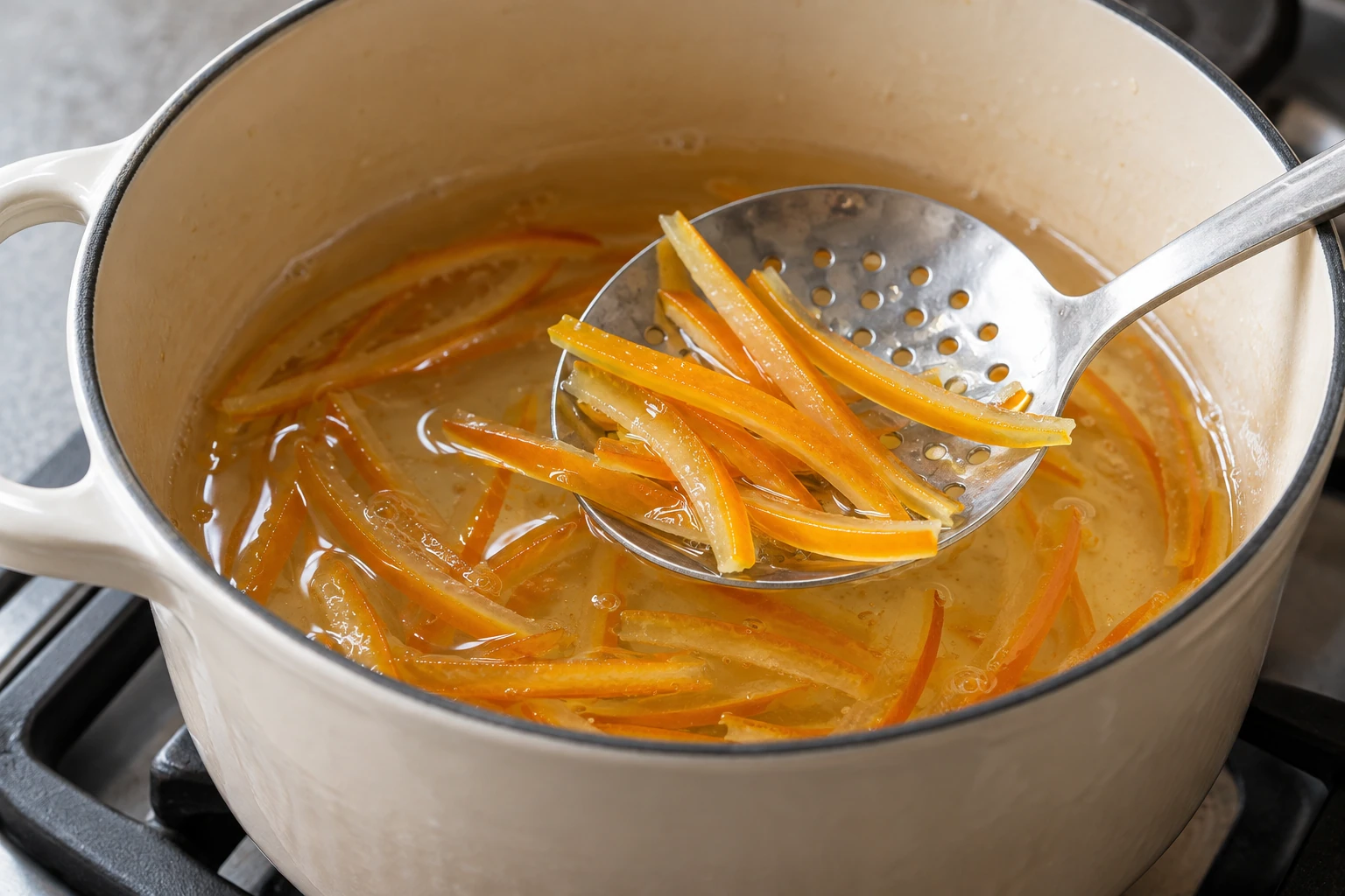 Dünne Orangenschalenstreifen werden in hellem Sirup leicht durchscheinend. KI-generierte Illustration.