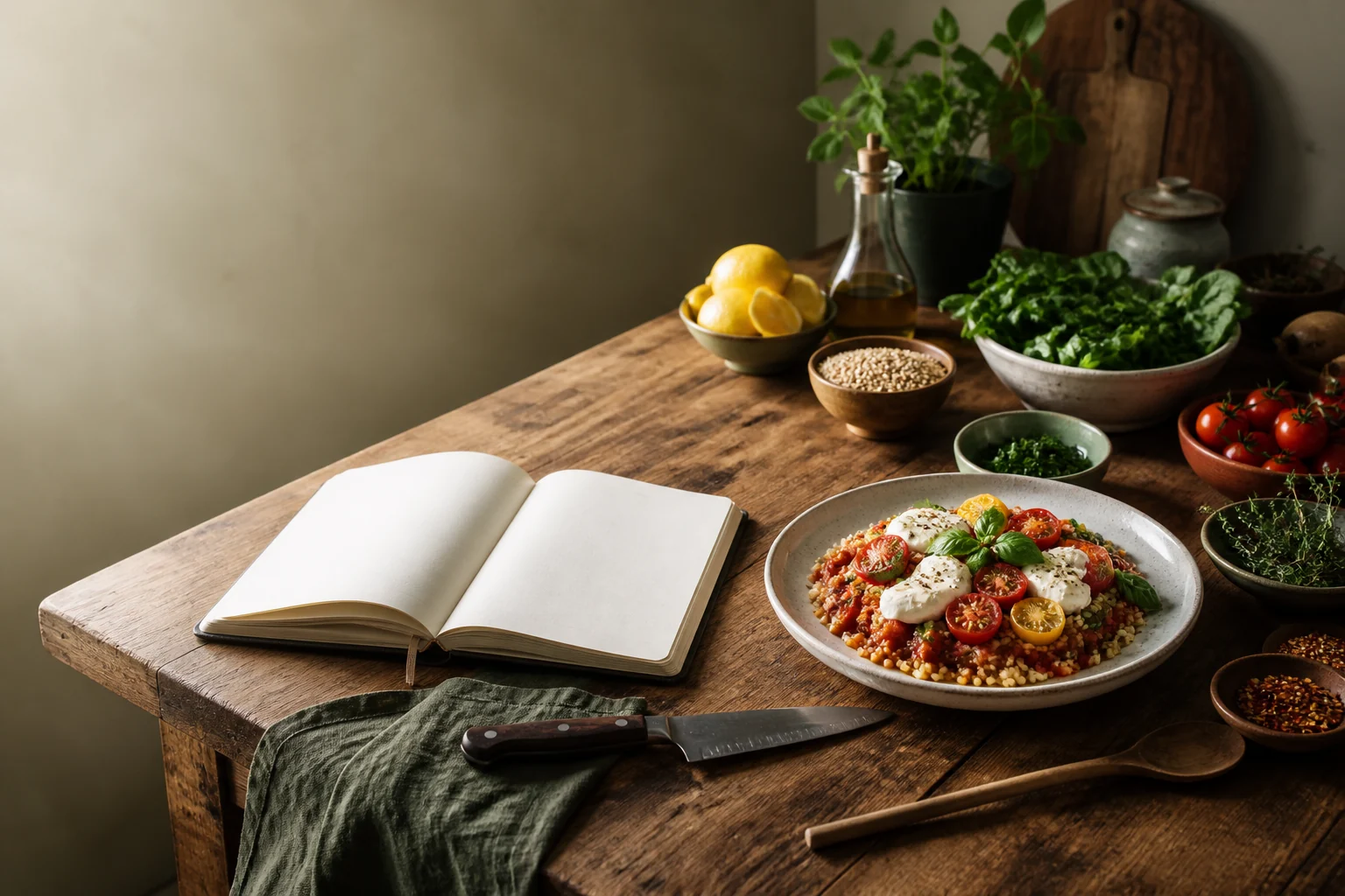 Offenes Rezeptbuch und vorbereitete Zutaten auf einem Küchentisch